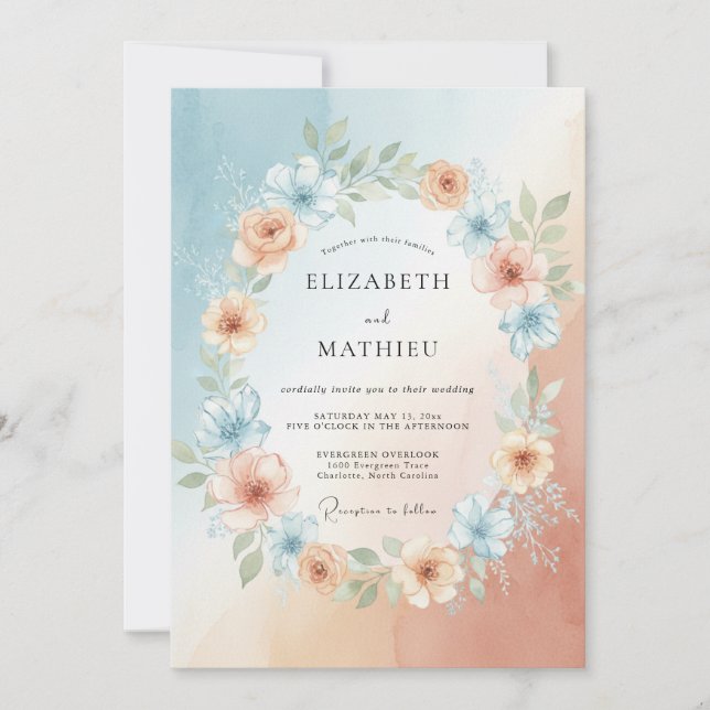 Cornflower Dusty Peach Wreath Wedding Invitation (Front)