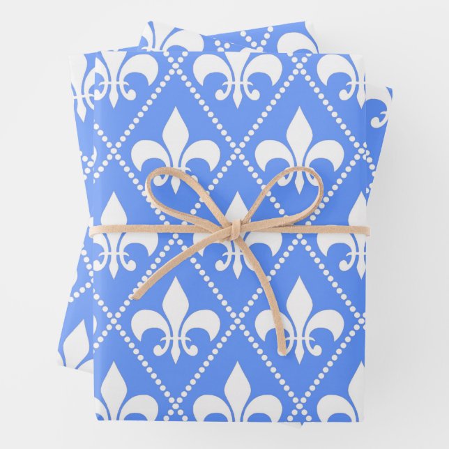 Cornflower Fleur de Lis Wrapping Paper Sheets (In situ)