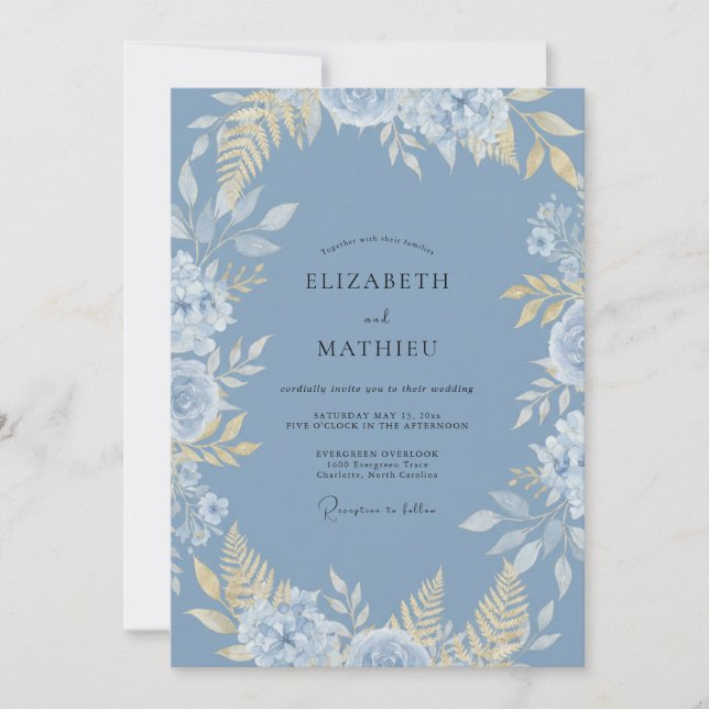 Cornflower Golden Leafy Wedding Invitation (Front)