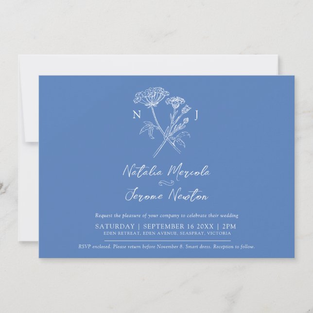 Cornflower hartwort botanical blue white wedding invitation (Front)