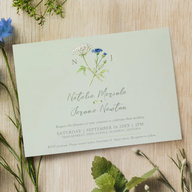 Cornflower hartwort botanical green blue wedding invitation | Zazzle