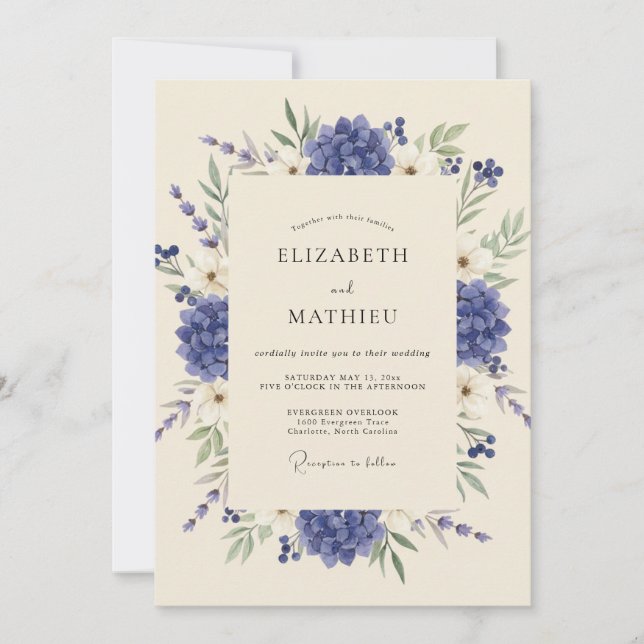 Cornflower Hydrangea Eucalyptus Wedding Invitation (Front)