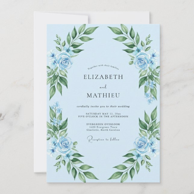 Cornflower Leafy Rose Wedding Invitation (Front)