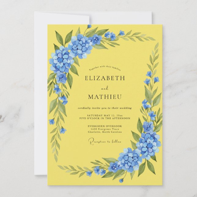 Cornflower Lemon Hydrangea Eucalyptus Wedding Invitation (Front)