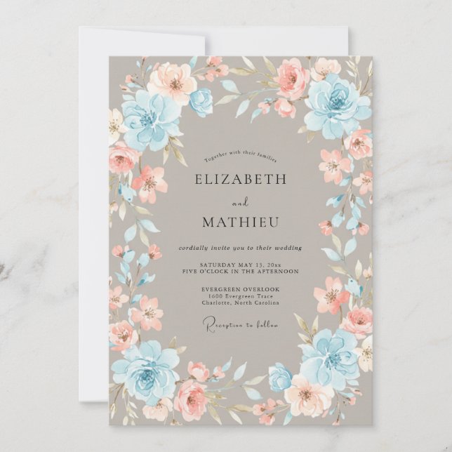 Cornflower Warm Peach Leafy Wedding Invitation (Front)