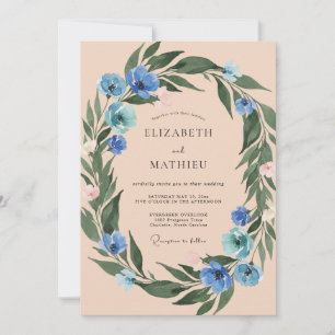 Cornflower Warm Peach Wreath Wedding Invitation