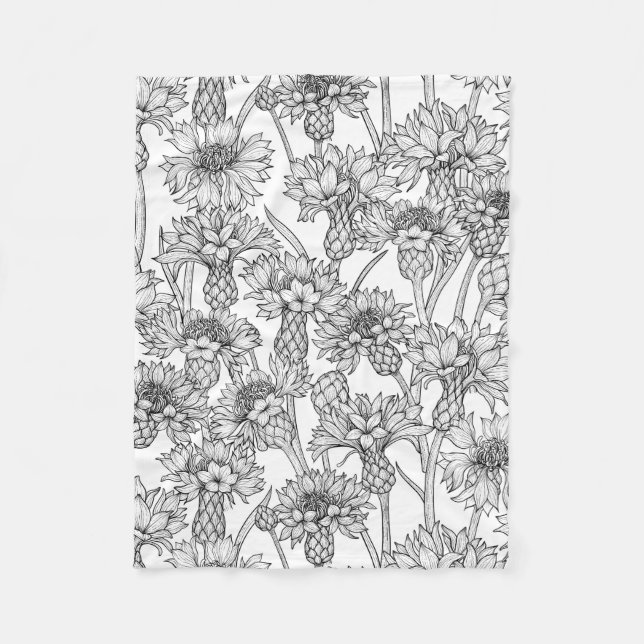 Cornflowers, wild flowers in black and white fleece blanket (Front)