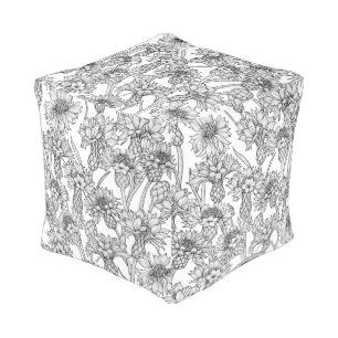 Cornflowers, wild flowers in black and white pouf