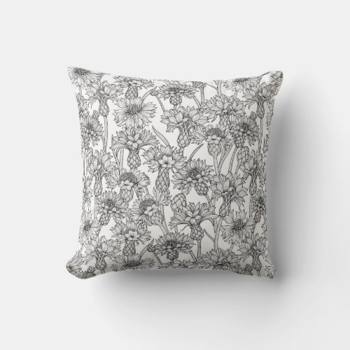 Cornflowers wild flowers in black and white throw pillow