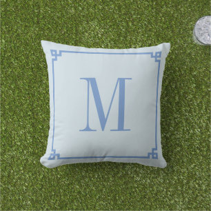 Cornflowre Blue Greek Key Border Monogrammed Outdoor Pillow