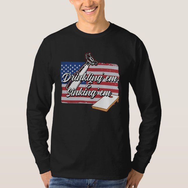 Cornhole Player Drinking Sinking USA Bean Sack Cor T-Shirt (Front)