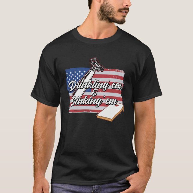 Cornhole Player Drinking Sinking USA Bean Sack Cor T-Shirt (Front)