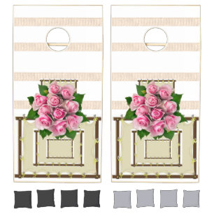 Cornhole Set Beige & White Stripe Floral