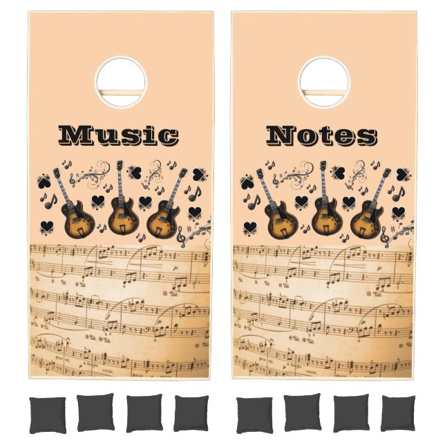 Cornhole Set Black Music Notes Guitars (Set)