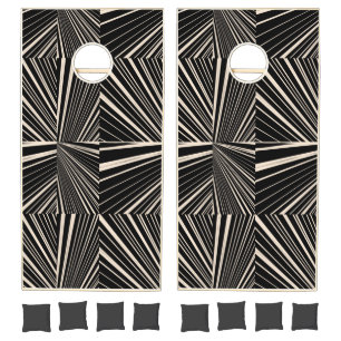 Cornhole Set Black Sepia & White Stripe Abstract