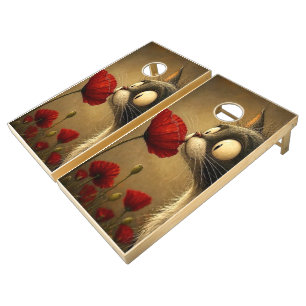 Cornhole Set Black & White Cat Flower Floral