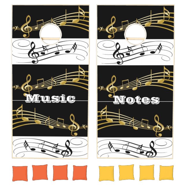 Cornhole Set Black White Gold Music Notes (Set)