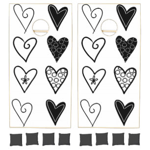 Cornhole Set Black & White Hearts