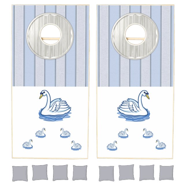 Cornhole Set Blue & Gray Stripe Swans  (Set)