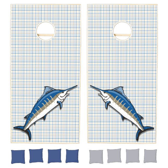 Cornhole Set - Blue Marlin on Plaid (Set)
