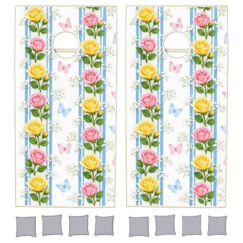 Cornhole Set Blue Pink Yellow &amp; White StripeFloral