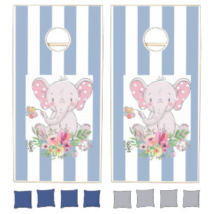 Cornhole Set Blue & White Stripe Baby Elephant
