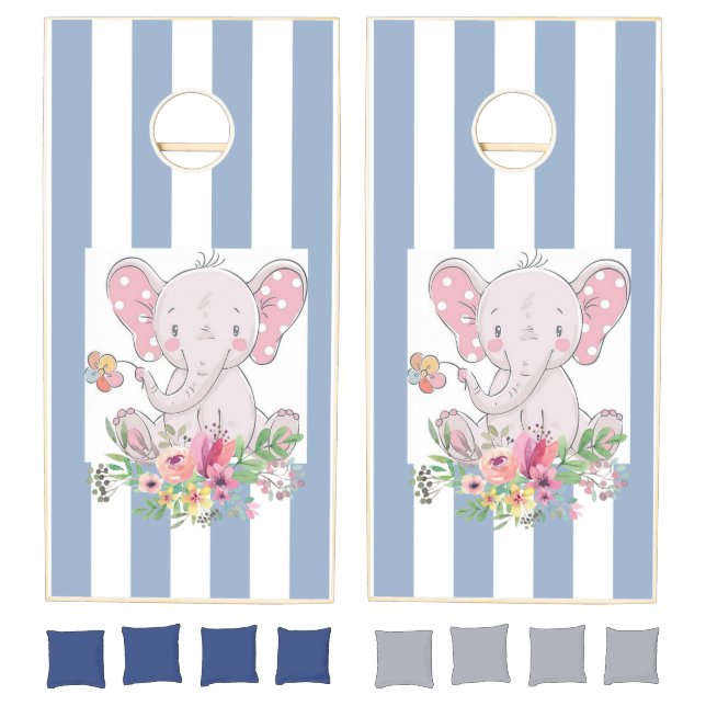 Cornhole Set Blue & White Stripe Baby Elephant  (Set)
