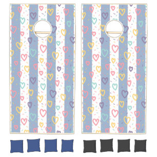 Cornhole Set Blue & White Stripe Colorful Hearts