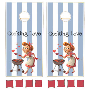 Cornhole Set Blue & White Stripe Cooking Love Red 
