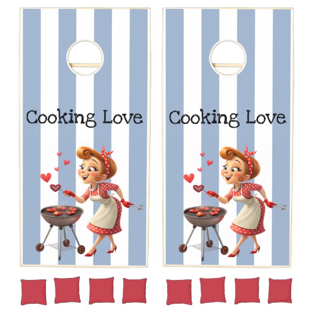 Cornhole Set Blue & White Stripe Cooking Love Red  (Set)