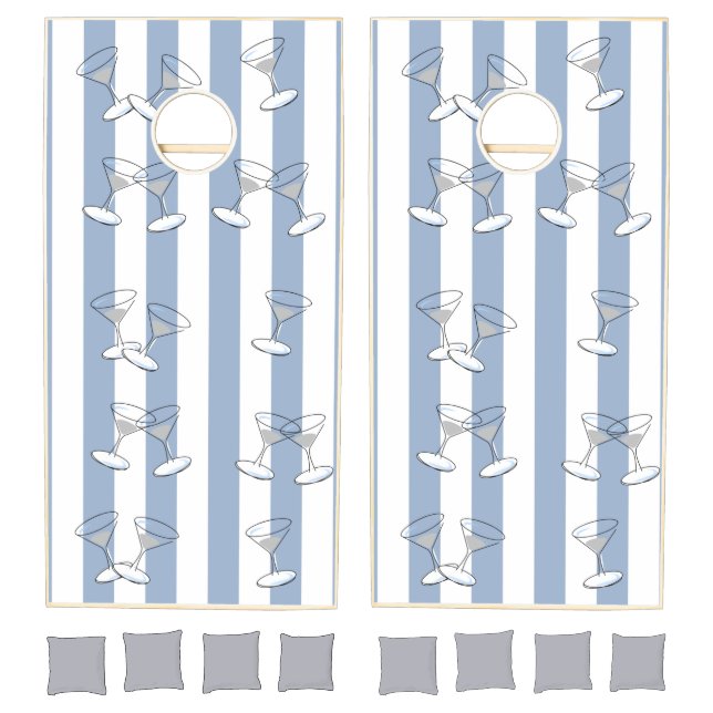 Cornhole Set Blue & White Stripe Martini Glasses (Set)