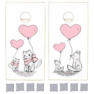 Cornhole Set Cat & Fox Pink Hearts