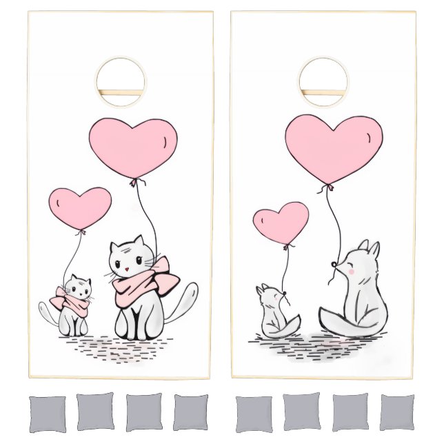 Cornhole Set Cat & Fox Pink Hearts (Set)