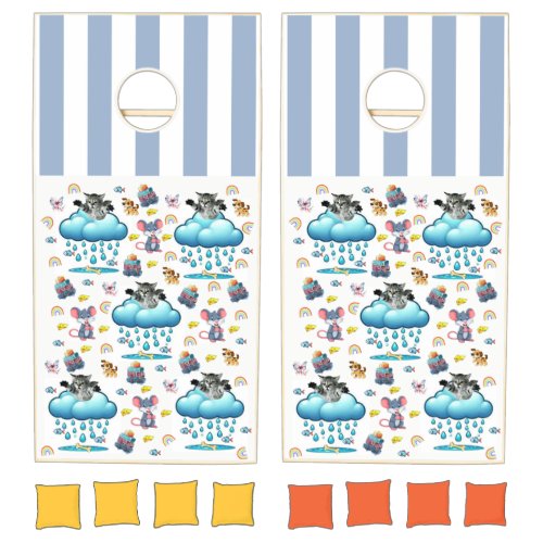 Cornhole Set Dog Cat Mouse Rainbow Blue Stripe