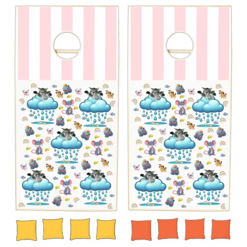 Cornhole Set Dog Cat Mouse Rainbow Pink Stripe