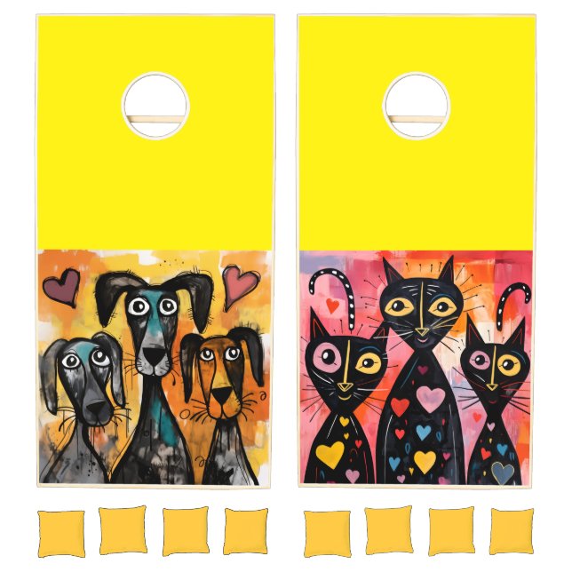 Cornhole Set Dogs & Cats Yellow Background (Set)