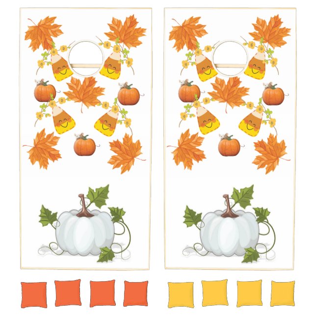 Cornhole Set Fall Leaves White Pumpkin  (Set)