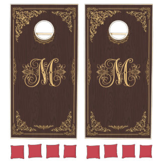 Cornhole Set Gold Monogram Walnut Wedding Gift