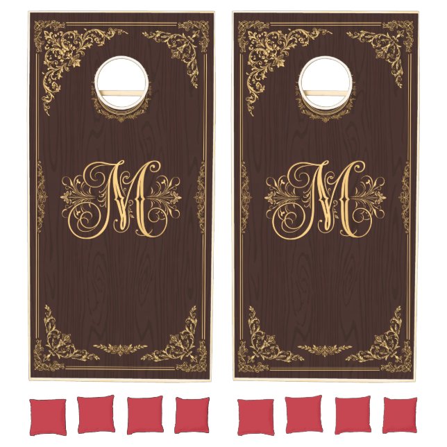 Cornhole Set Gold Monogram Walnut Wedding Gift (Set)