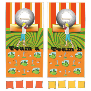 Cornhole Set Golf Balls Golfer Orange Green