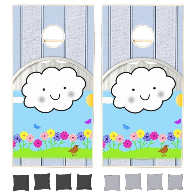 Cornhole Set Gray & White Stripe Clouds Floral  (Set)
