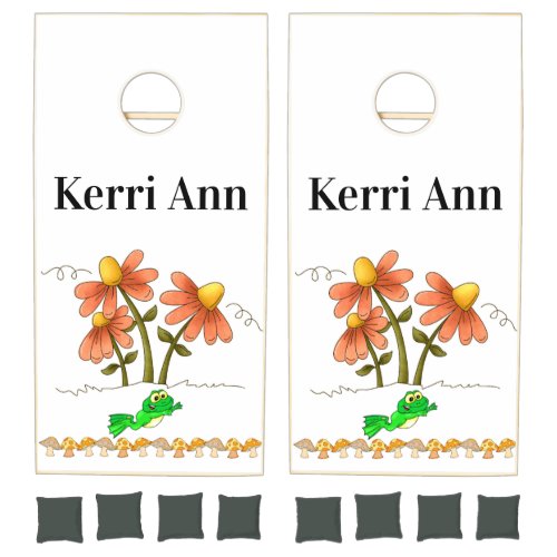 Cornhole Set Green Frog Mushroom Floral