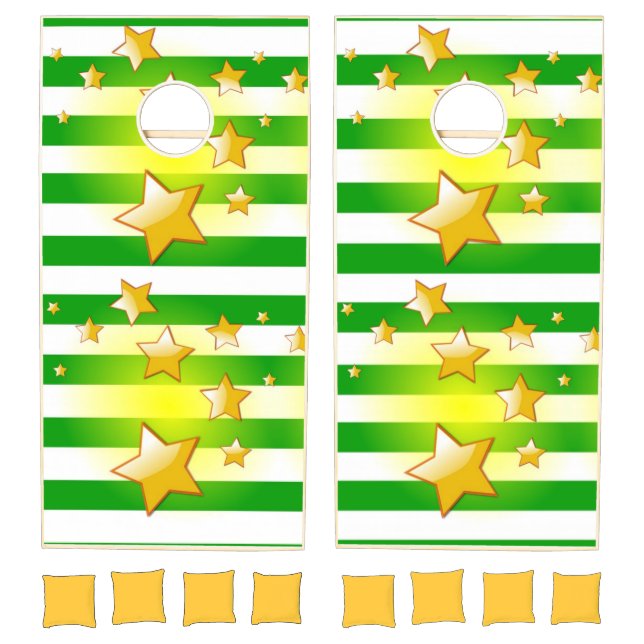 Cornhole Set Green & White Stripe Yellow Stars  (Set)