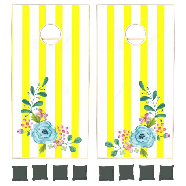 Cornhole Set Happy Yellow & White Stripe Floral  (Set)