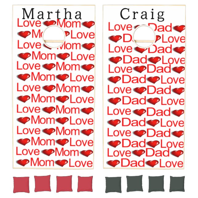 Cornhole Set Love Mom Love Dad Red Hearts  (Set)