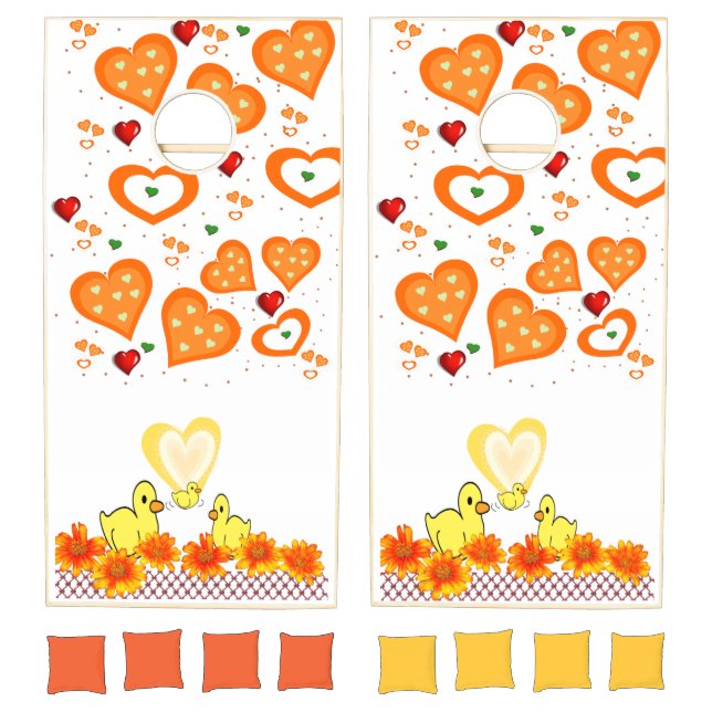 Cornhole Set Orange Yellow Ducks Hearts  (Set)