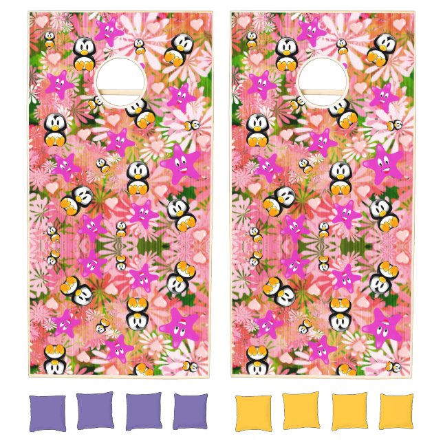 Cornhole Set Penguin Floral Summer Fun  (Set)