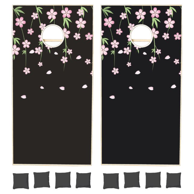 Cornhole Set Pink Flowers Black Background  (Set)