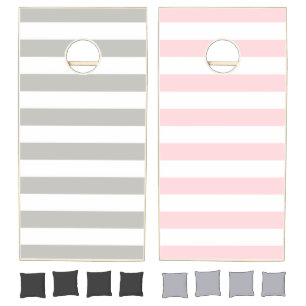 Cornhole Set Pink & Grey White Stripe