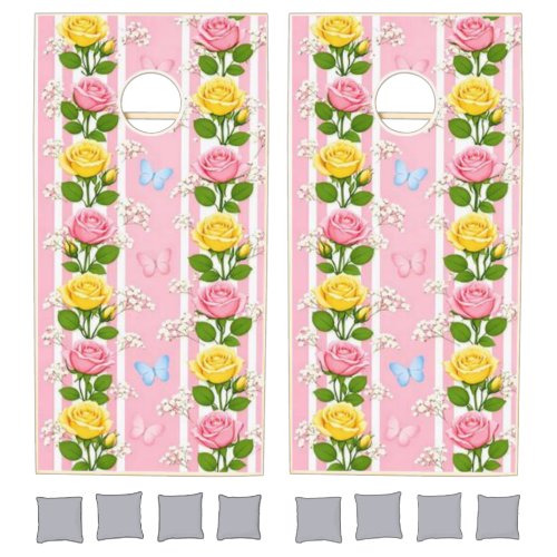 Cornhole Set Pink Rose Yellow &amp; WhiteStripe Floral
